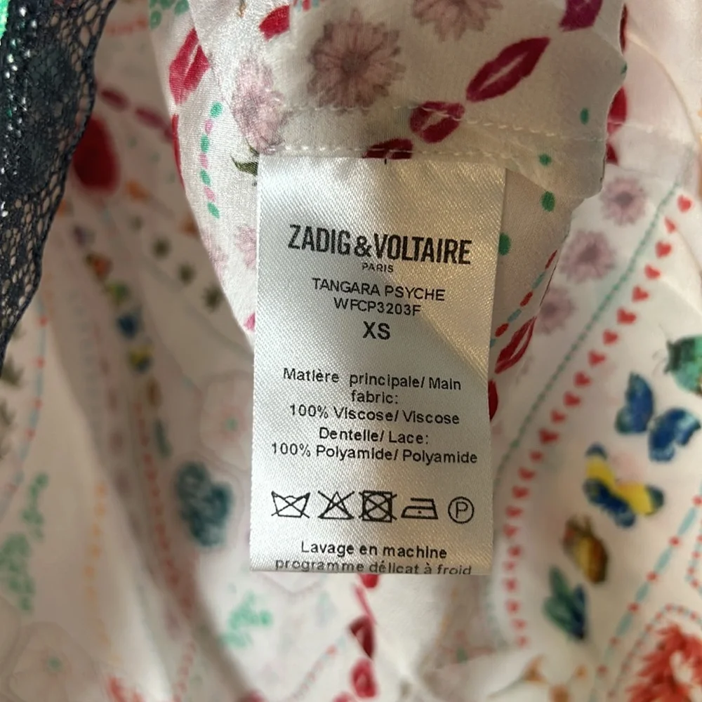 Zadig & Voltaire Paris Cream Paisley Black Lace Long Sleeve Blouse Size X-Small